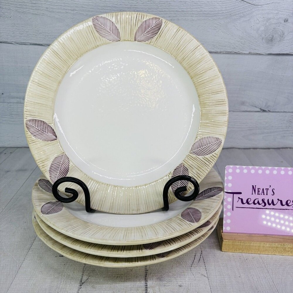 Present Tense SERENO KHAKI PLUM Leaves Handmade Italy Dinner Plate Set 4 FLAW